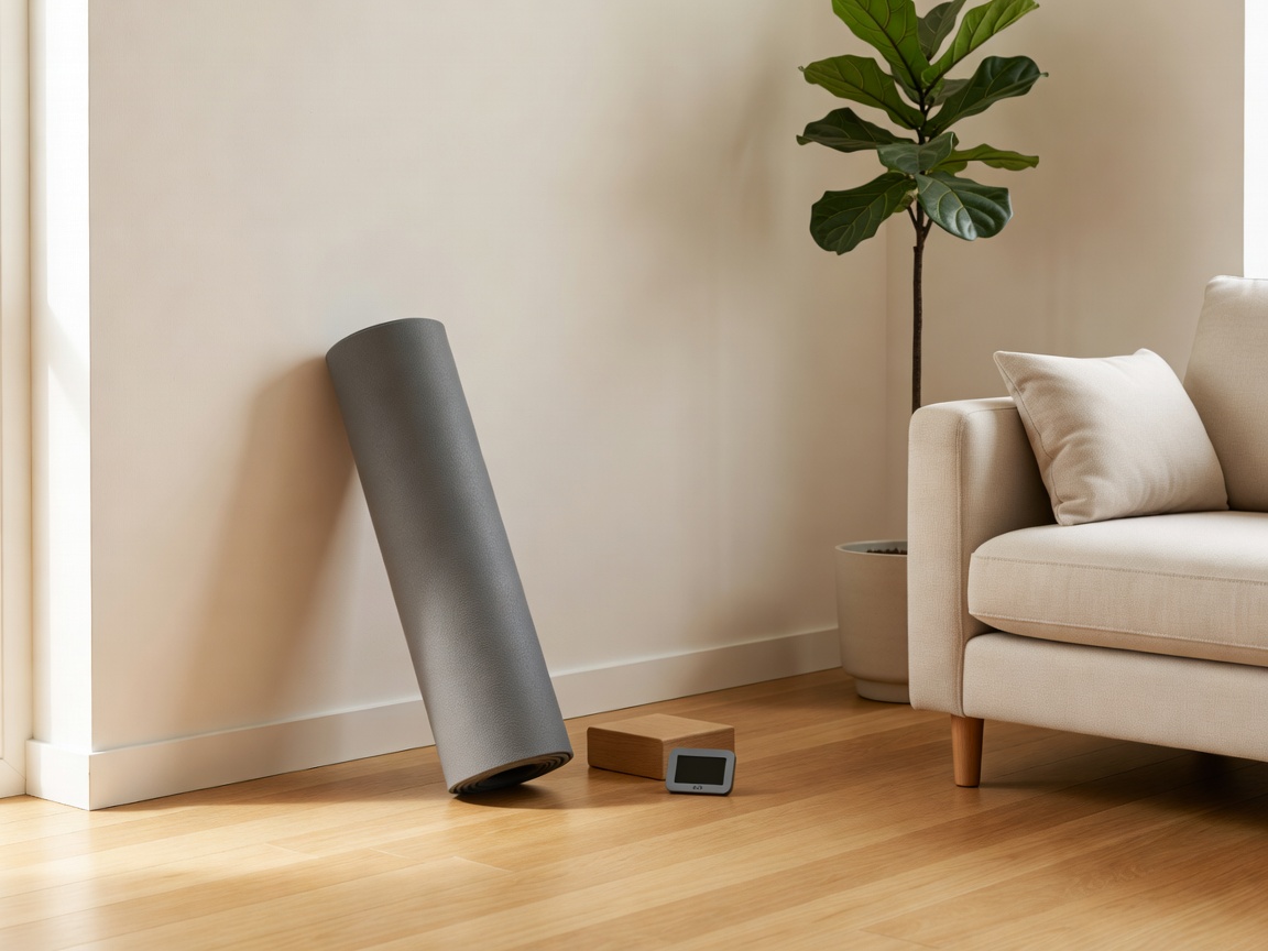 A neat living room corner prepared for a workout with a rolled mat