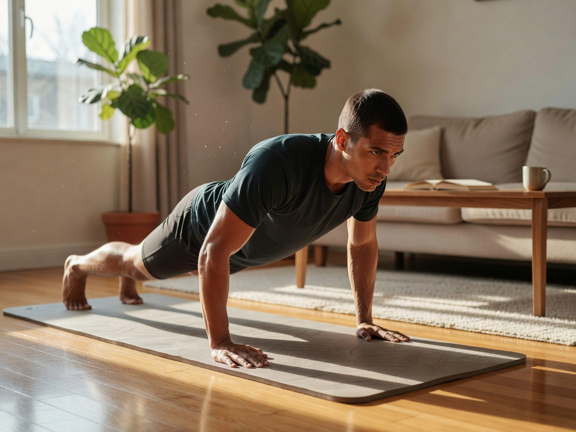 Person doing a bodyweight push-up on a living room mat