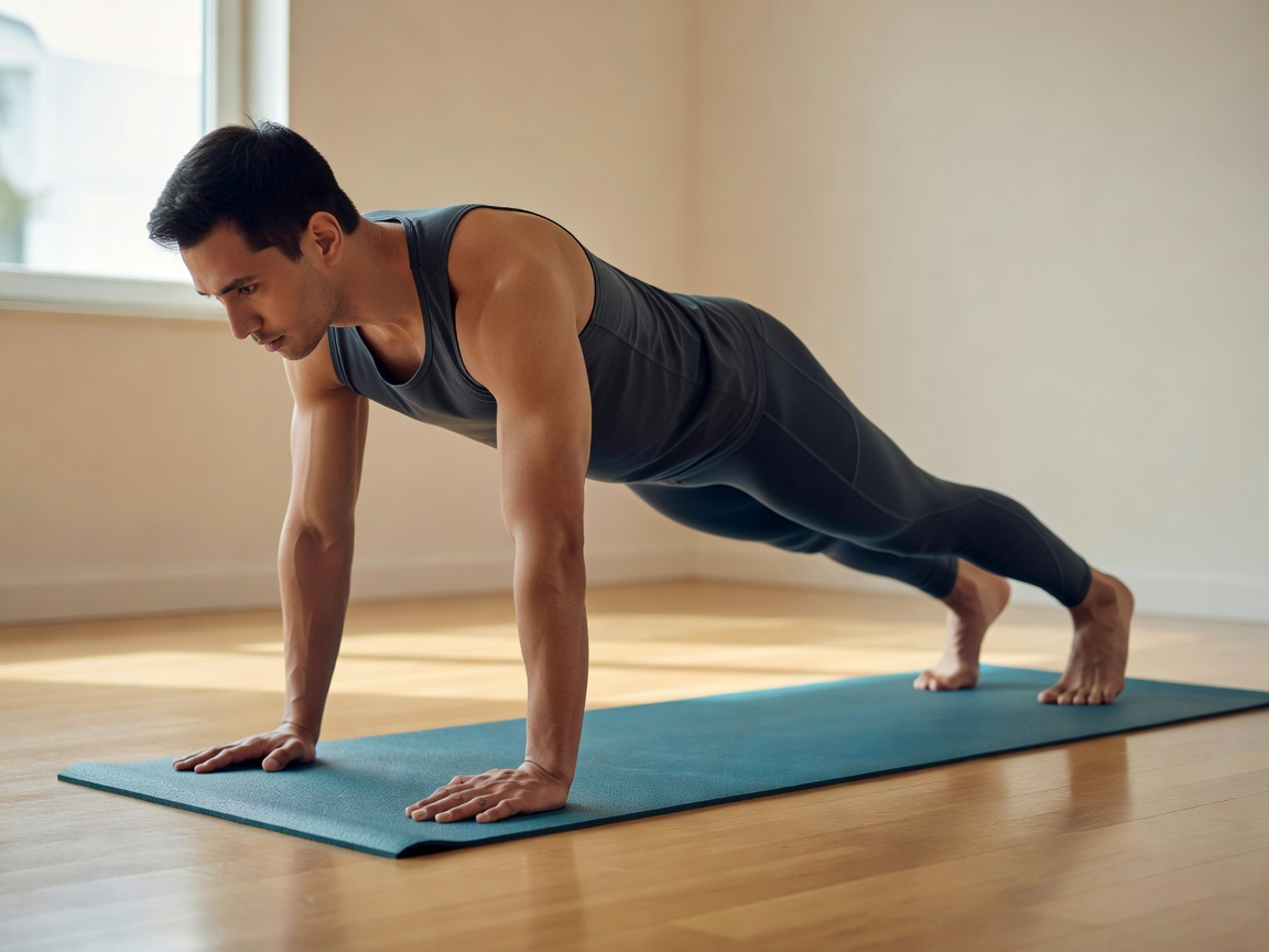 Person holding a plank position on a yoga mat