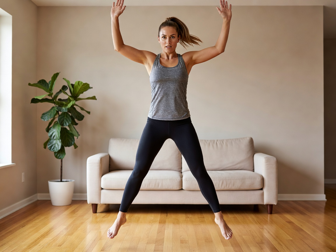 Woman performing jumping jacks in a home environment